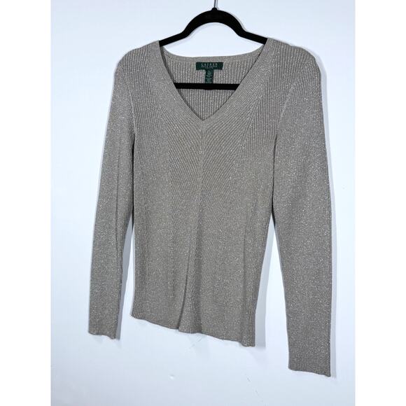 Ralph Lauren V-Neck Winter Preppy Long Sleeve Sweater Metallic Women SizeP/Large - Picture 2 of 8